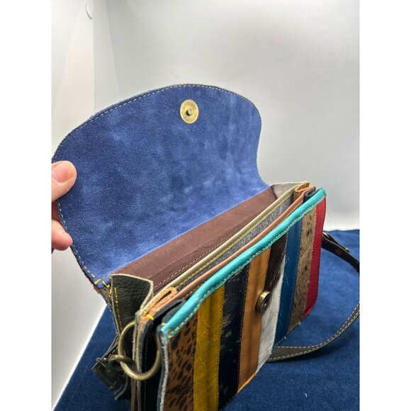 Patchwork Leather Crossbody Bag - Multicolor Stripes Adjustable Strap Animal Pri - Picture 11 of 16